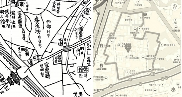 1902년 발행된 '서울지도'의 북창동 부근과 북창동 관할구역의 경계