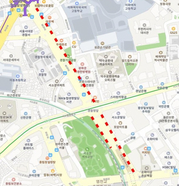 사과거리가 조성될 예정인 통일로 구간 (사진=네이버 지도·서울시 제공)