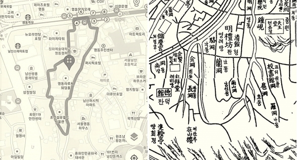 남산동1가의 관할구역 경계와 ｢서울 지도｣(1902)의 남산동 부근
